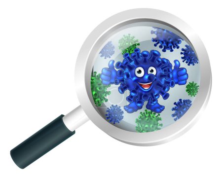 Téléchargez les illustrations : Mascotte de bactéries ou de virus dessin animé sous une loupe - en licence libre de droit