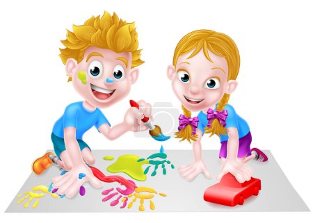 A cartoon boy and girl playing together with toys, with paints and toy red car