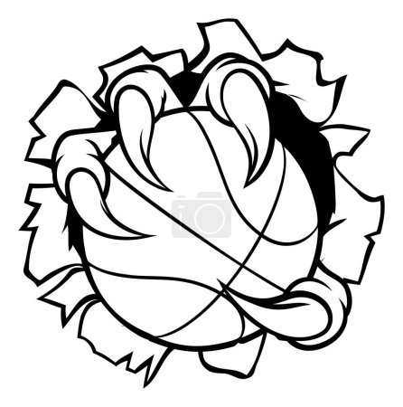 Illustration for Eagle, bird or monster claw or talons holding a basketball ball and tearing through the background. Sports graphic. - Royalty Free Image