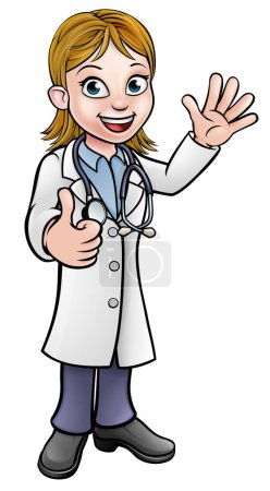 Illustration for A woman doctor cartoon character waving and giving a thumbs up - Royalty Free Image