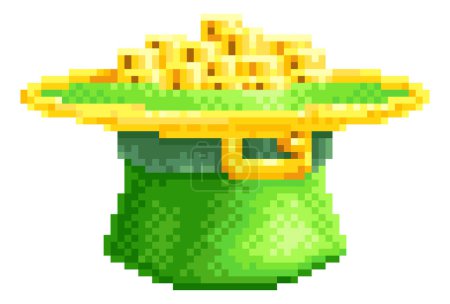 A St Patricks Day leprechaun hat full of gold coins icon in pixel art 8 bit arcade video game style graphic illustration