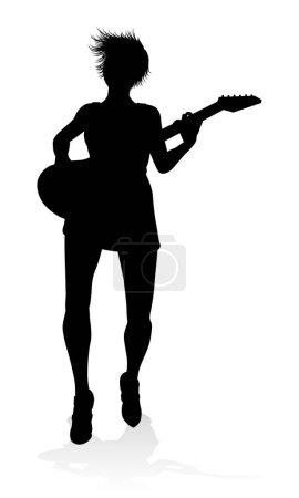 Illustration for A female guitarist musician in detailed silhouette playing her guitar musical instrument. - Royalty Free Image