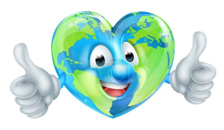 Illustration for A cute cartoon earth world mascot character in the shape of a heart giving a thumbs up - Royalty Free Image
