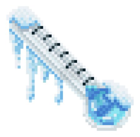 Ein Thermometer gefroren oder einfrieren mit Schnee und Eiszapfen bei kaltem Wetter Temperatur-Symbol grafisches Element in Pixel Art 8 Bit Arcade-Videospiel-Stil