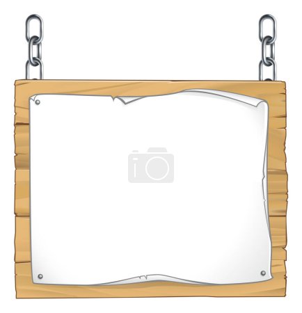 Téléchargez les illustrations : Un panneau en bois avec un rouleau de papier suspendu à des chaînes métalliques - en licence libre de droit