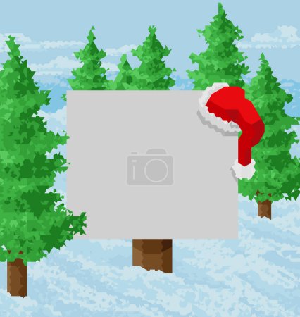 Téléchargez les illustrations : Un fond de panneau de Noël dans une scène enneigée avec un chapeau de Père Noël dans un style géométrique moderne - en licence libre de droit