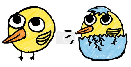 Ilustración de Lindo bebé aves de Pascua polluelos uno eclosionando de su huevo childs dibujo - Imagen libre de derechos