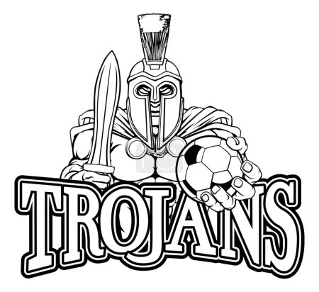 Une mascotte spartiate ou guerrière de Troie Soccer Football sport tenant un ballon
