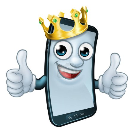 Illustration for A mobile phone cartoon character mascot wearing a gold king crown and giving a double thumbs up. - Royalty Free Image
