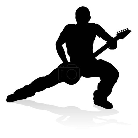 Téléchargez les illustrations : Un guitariste musicien en silhouette détaillée jouant de son instrument de musique guitare. - en licence libre de droit
