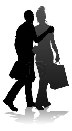 Menschen Silhouette eines jungen Mannes und einer jungen Frau, wahrscheinlich ein Paar oder Mann und Frau beim Einkaufen mit Einkaufstaschen