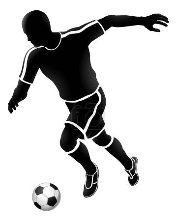 A soccer football player running and kicking a ball silhouette sports illustration