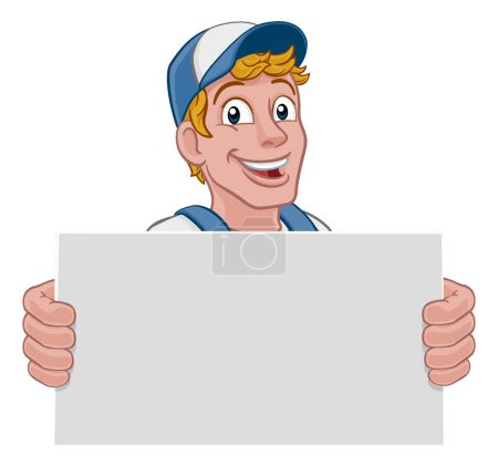 Ilustración de Un caricaturista cuidador de personajes de dibujos animados hombre de construcción mirando por encima de una señal - Imagen libre de derechos