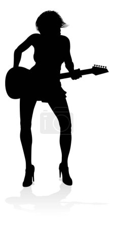 Téléchargez les illustrations : Une femme guitariste musicienne en silhouette détaillée jouant de son instrument de musique à la guitare. - en licence libre de droit