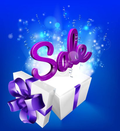 Illustration for A sale sign flying out of a gift box with blue and purple background - Royalty Free Image