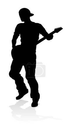 Un guitarrista músico en silueta detallada tocando su instrumento musical de guitarra.