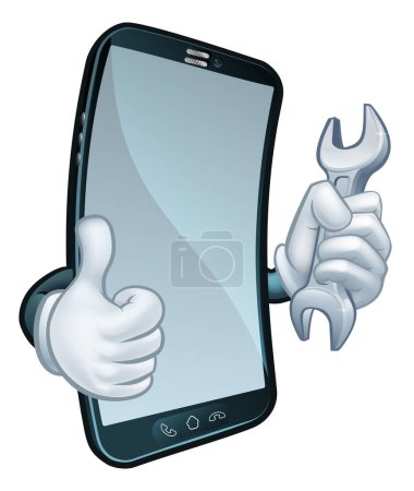 Illustration for A mobile phone repair service or perhaps plumber or mechanic app cartoon character mascot holding spanner and giving a thumbs up. - Royalty Free Image