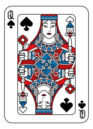 Ilustración de Una carta de juego Queen of Spades en rojo, azul y negro a partir de un nuevo diseño original completo de la baraja. Tamaño estándar del póker. - Imagen libre de derechos