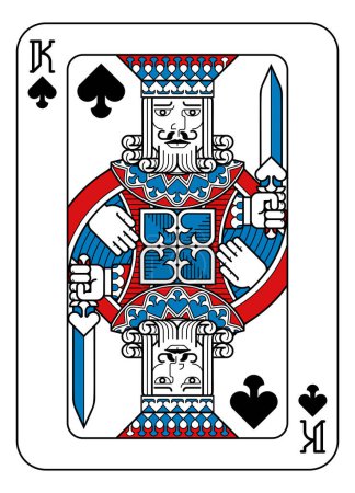Illustration for A playing card king of Spades in red, blue and black from a new modern original complete full deck design. Standard poker size. - Royalty Free Image