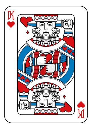 Illustration for A playing card king of hearts in red, blue and black from a new modern original complete full deck design. Standard poker size. - Royalty Free Image