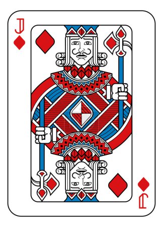 Photo for A playing card Jack of Diamonds in red, blue and black from a new modern original complete full deck design. Standard poker size. - Royalty Free Image
