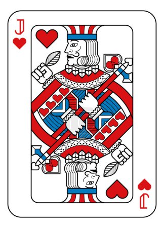 Illustration for A playing card Jack of hearts in red, blue and black from a new modern original complete full deck design. Standard poker size. - Royalty Free Image