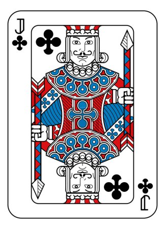 Ilustración de Una carta de juego Jack of Clubs en rojo, azul y negro a partir de un nuevo diseño original de baraja completa. Tamaño estándar del póker. - Imagen libre de derechos