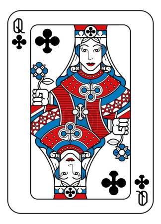 Photo for A playing card Queen of Clubs in red, blue and black from a new modern original complete full deck design. Standard poker size. - Royalty Free Image