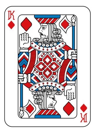 Ilustración de Un rey de cartas de diamantes en rojo, azul y negro a partir de un nuevo diseño de baraja completa original moderna. Tamaño estándar del póker. - Imagen libre de derechos