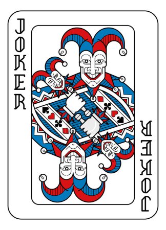 Illustration for A playing card Joker in red, blue and black from a new modern original complete full deck design. Standard poker size. - Royalty Free Image