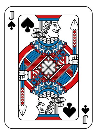 Téléchargez les illustrations : Une carte à jouer Jack of Spades en rouge, bleu et noir d'un nouveau design moderne original complet de pont. Taille de poker standard. - en licence libre de droit