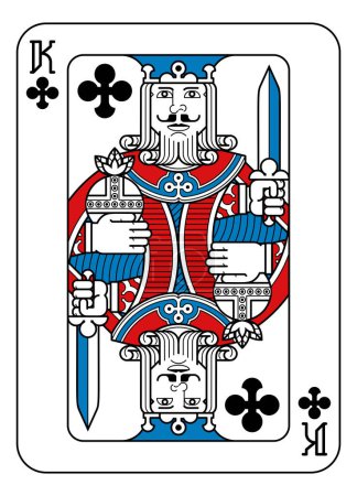 Illustration for A playing card king of Clubs in red, blue and black from a new modern original complete full deck design. Standard poker size. - Royalty Free Image