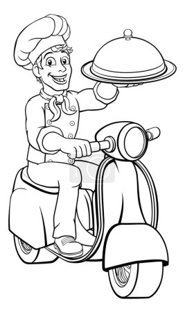 Illustration for A takeout food delivery chef cartoon character man on a scooter or moped motorbike - Royalty Free Image