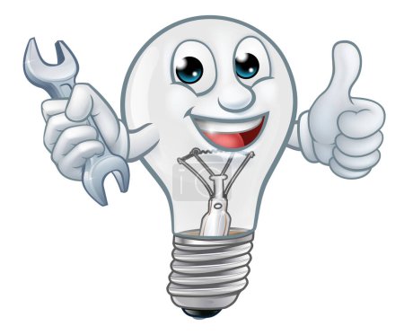 A light bulb cartoon character lightbulb mascot holding a spanner or wrench and giving thumbs up
