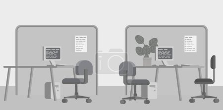 Téléchargez les illustrations : Un intérieur de bureau gris avec bureau d'ordinateur et chaise fond de dessin animé de style plat - en licence libre de droit