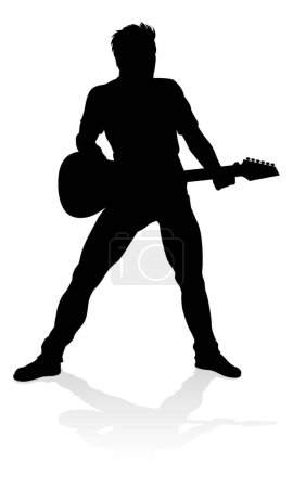 Ilustración de Un guitarrista músico en silueta detallada tocando su instrumento musical de guitarra. - Imagen libre de derechos