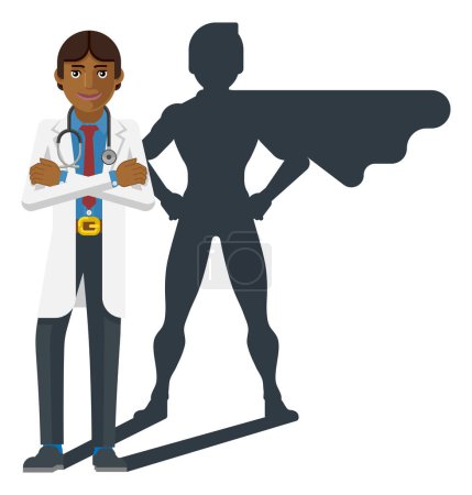 Ilustración de Un joven médico asiático revelado como superhéroe por su sombra de silueta de superhéroe - Imagen libre de derechos