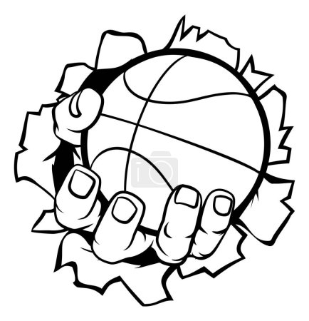 Téléchargez les illustrations : Une main forte tenant une balle de basket déchirant à travers le fond. Graphiques sportifs - en licence libre de droit