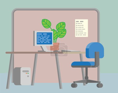 Téléchargez les illustrations : Un intérieur de bureau avec bureau d'ordinateur et chaise fond de dessin animé de style plat - en licence libre de droit