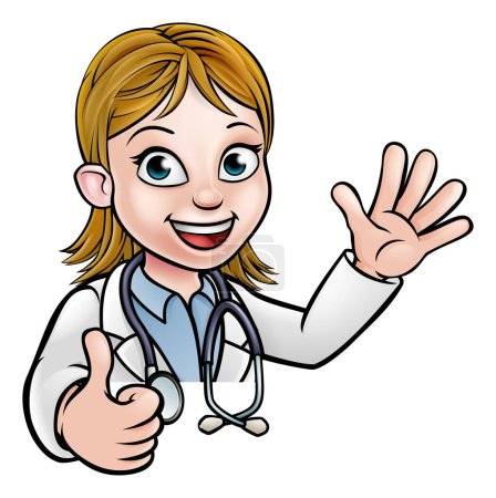 Téléchargez les illustrations : Une femme médecin dessin animé portant un manteau blanc de laboratoire avec stéthoscope agitant au-dessus du signe et donnant un pouce vers le haut - en licence libre de droit