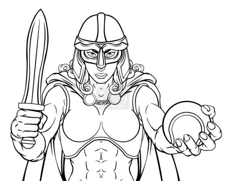 Ilustración de Una mujer vikinga, troyano espartano o celta guerrera mujer gladiador caballero tenis deportes mascota - Imagen libre de derechos