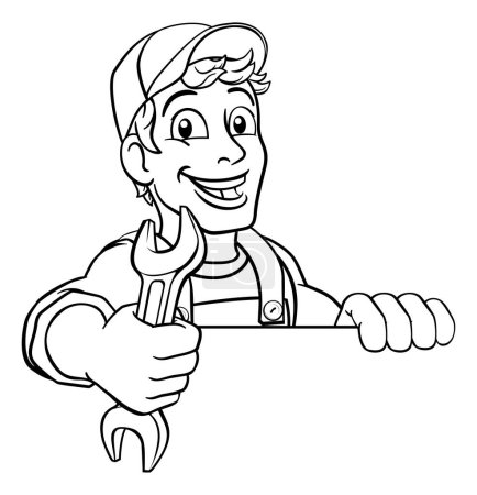 Mechanic plumber maintenance handyman cartoon mascot man holding a wrench or spanner. Peeking over a sign