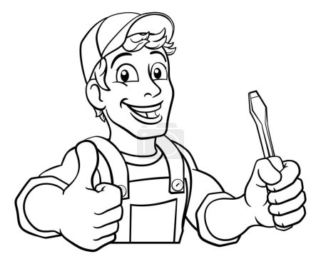 Electrician handyman man handy holding electricians screwdriver tool cartoon construction mascot. Peeking over a sign and giving a thumbs up.