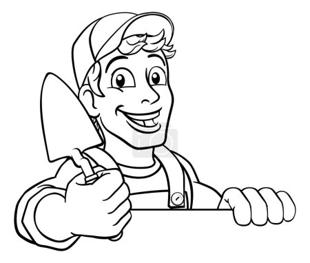 Illustration for Construction site handyman builder man holding a trowel tool cartoon mascot. Peeking over a sign - Royalty Free Image
