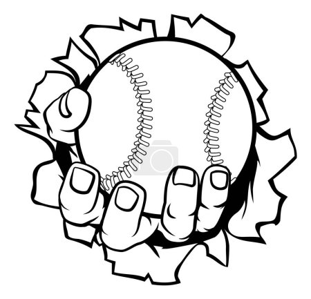 Illustration for A strong hand holding a baseball ball tearing through the background. Sports graphic - Royalty Free Image