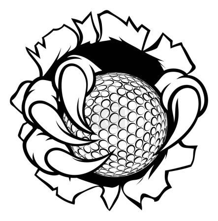 Illustration for Eagle, bird or monster claw or talons holding a golf ball and tearing through the background. Sports graphic. - Royalty Free Image