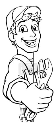 Ilustración de Mecánico plomero mantenimiento manitas de dibujos animados mascota hombre sosteniendo una llave inglesa o llave inglesa. Mirando alrededor de una señal - Imagen libre de derechos