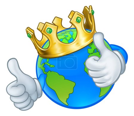 Téléchargez les illustrations : Une mascotte de personnage de dessin animé monde globe terrestre portant une couronne de roi d'or et donnant un pouce vers le haut - en licence libre de droit