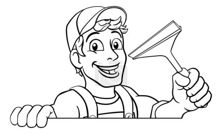 Téléchargez les illustrations : Nettoyage de vitres homme mascotte nettoyant dessin animé tenant un outil raclette lave-auto. Jeter un coup d'oeil sur un signe - en licence libre de droit