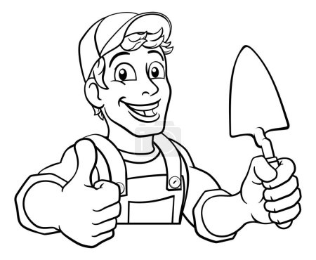 Photo for Construction site handyman builder man holding a trowel tool cartoon mascot. Peeking over a sign and giving a thumbs up - Royalty Free Image